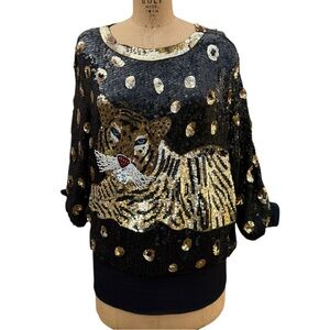 Elegant Black Sequin Top with Tiger Design 100% Silk